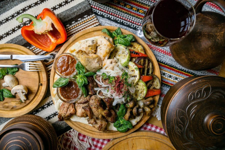 delicious European and Slavic cuisine on the big table waiting for guests. table with food and top view
