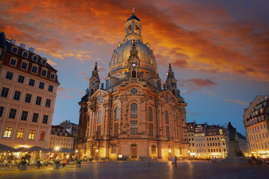 Dresden sunset Frauenkirche Lutheran church in Saxony of Germany