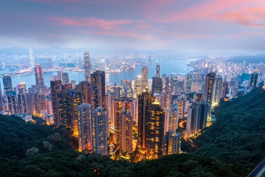 Hong Kong, China city skyline from Victoria Peak at dusk.