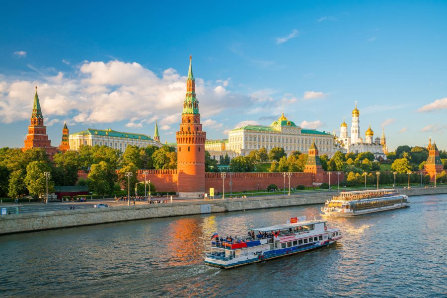 The Moscow Kremlin and the waterfront in Moscow, Russia