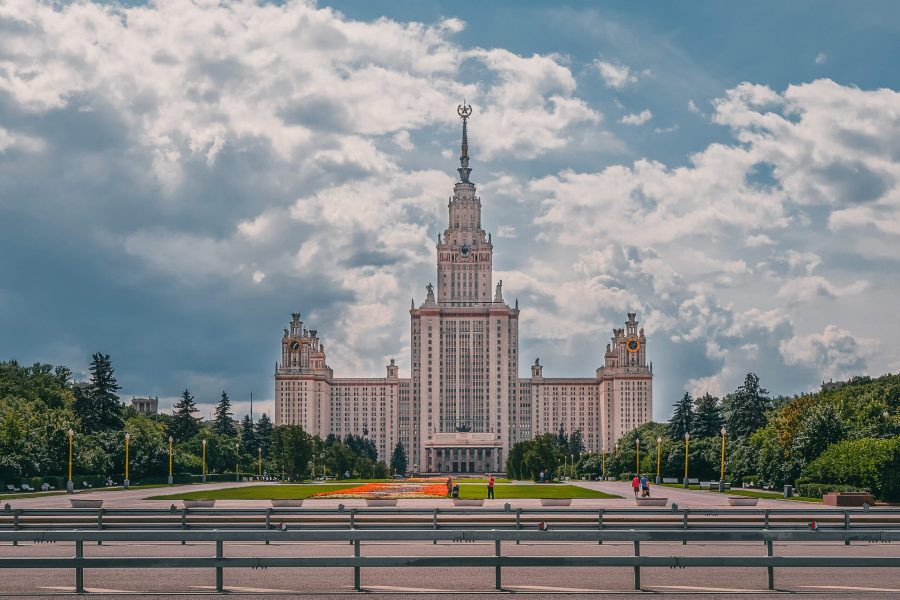 Stalinist skyscraper building of University in the summer day in Moscow, Russia