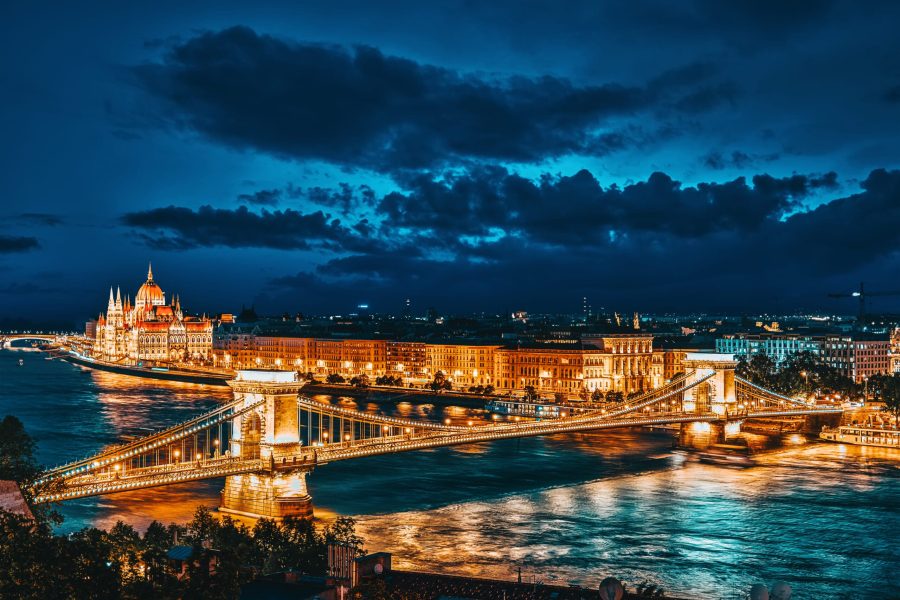 Szechenyi Chain Bridge and Parliament . Budapest, Hungary.